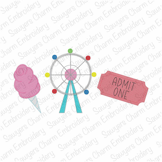 BUNDLE of individual fair rides & food sketch stitch machine embroidery design files, roller coaster, ferris wheel, roller coaster, lemonade