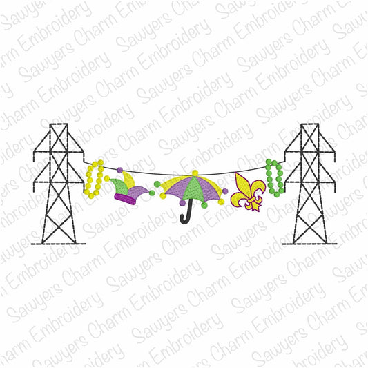 Transmission tower lineman Mardi Gras bunting banner, sketch stitch machine embroidery design, parade, fleur de lis, hat & beads, power line