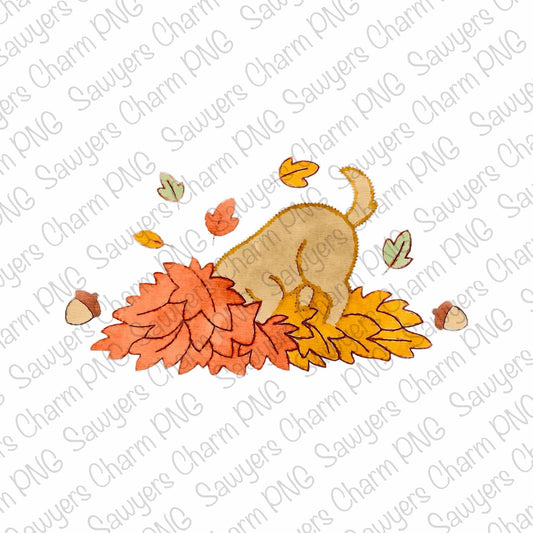 BUNDLE PNG watercolor Dog playing in fall leaves Printable file/Sublimation/Heat Transfer Design/Digital Clipart, includes pink coquette bow