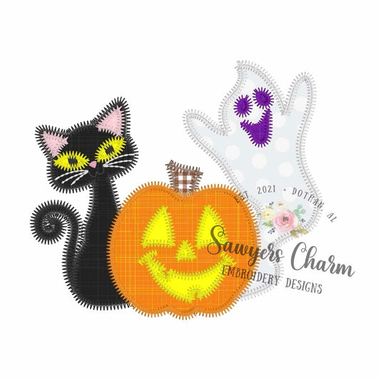 BUNDLE Cat, jackolantern, ghost zigzag stitch trio machine applique embroidery design, Halloween, spooky season, fall, includes coquette bow