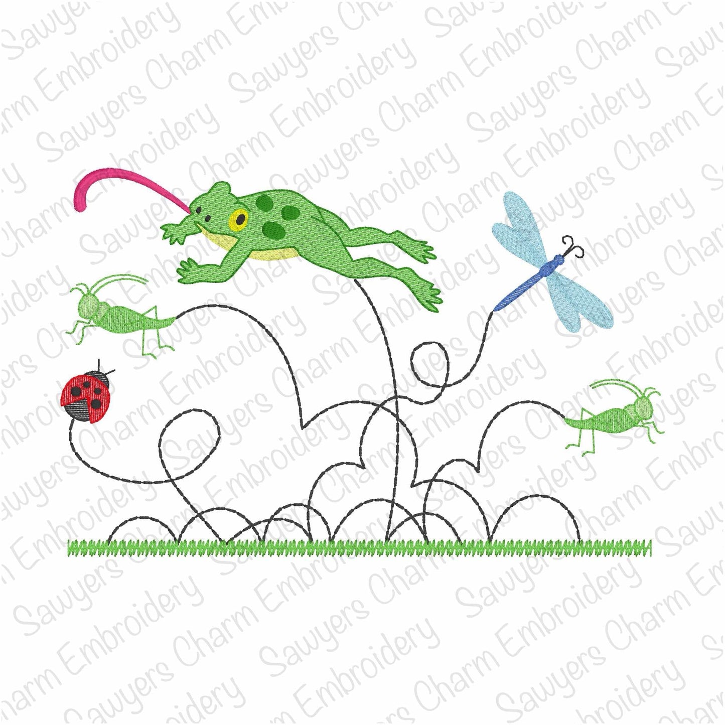 Hopping jumping insects, bugs, and frog sketch stitch machine embroidery design, bean stitch