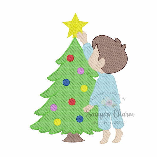 Little boy putting star on Christmas tree sketch stitch machine embroidery design, happy holidays, Merry Christmas, ornaments, pajamas