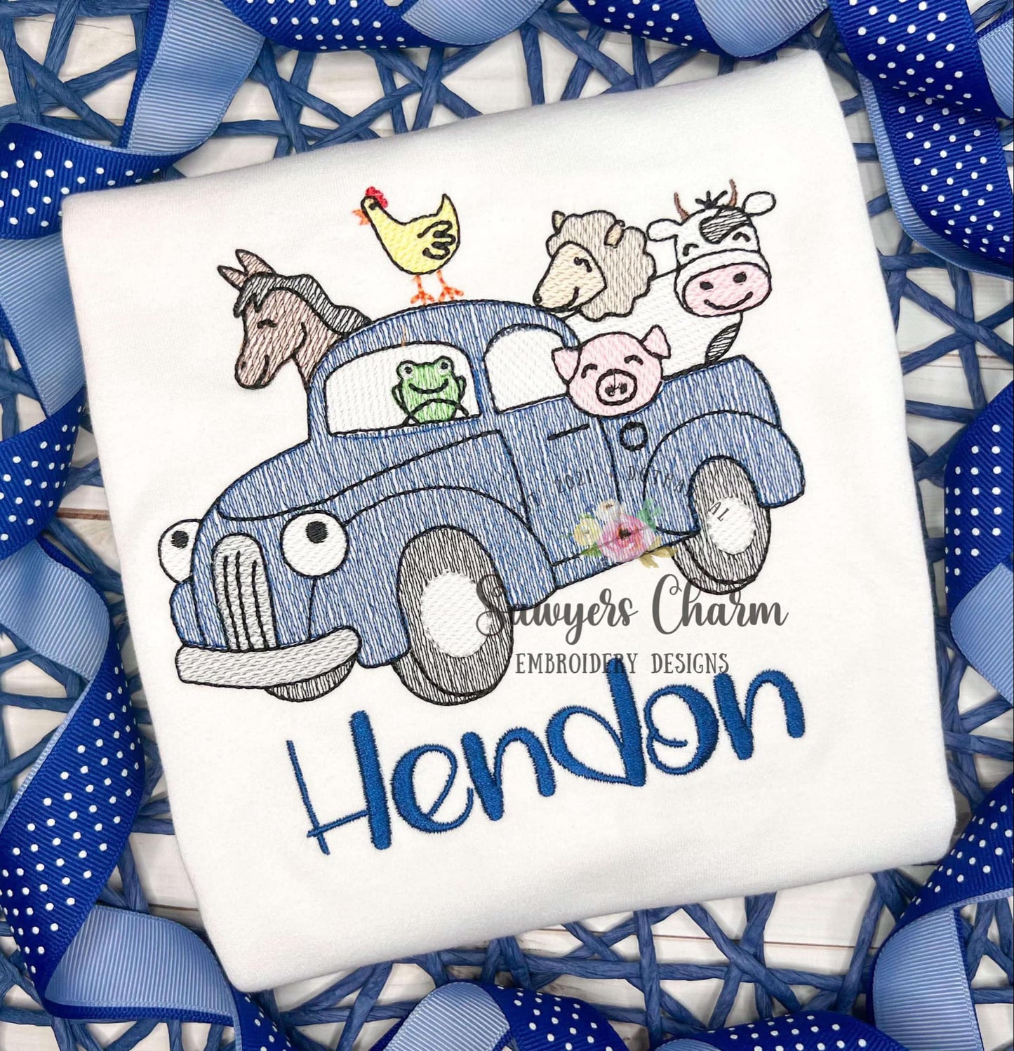 Blue truck with farm animals sketch stitch, machine embroidery design file, bean stitch, transportation, beep beep, oink baa moo, chicken