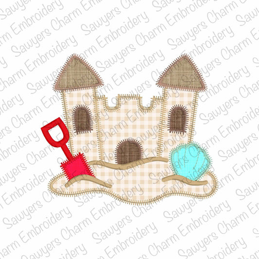 BUNDLE Sandcastle, seashell, and shovel bean & zigzag applique, machine embroidery design file, summer, nautical, beach, surfing, sand