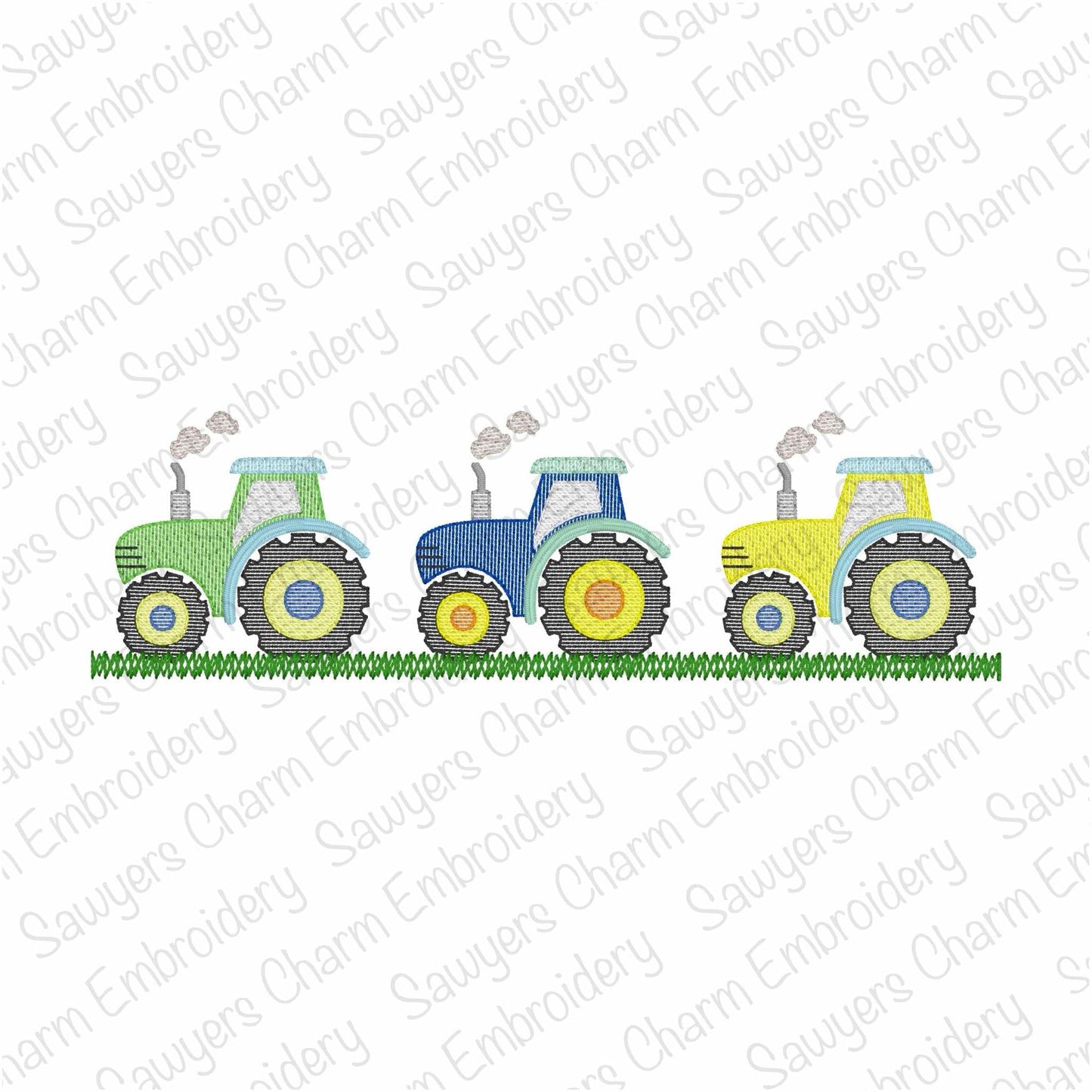 Tractor with smoke trio sketch stitch machine embroidery design file, quick stitch, spring harvest, farm, farmer, field