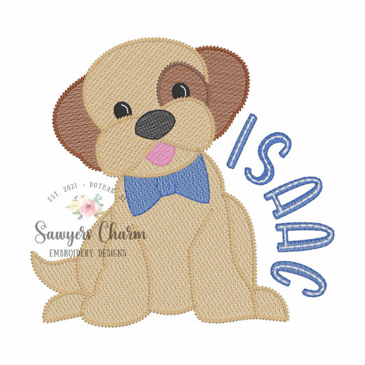 Puppy dog with bow tie machine embroidery design, Sketch stitch