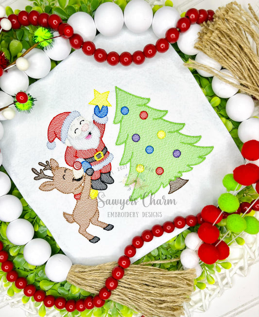 Rudolph helping Santa put star on Christmas tree sketch stitch machine embroidery design, happy holidays, Merry Christmas, ornaments