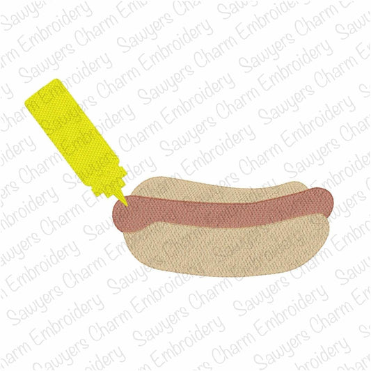 Hot dog and mustard sketch stitch machine embroidery design, ballpark snack, weenie, frank