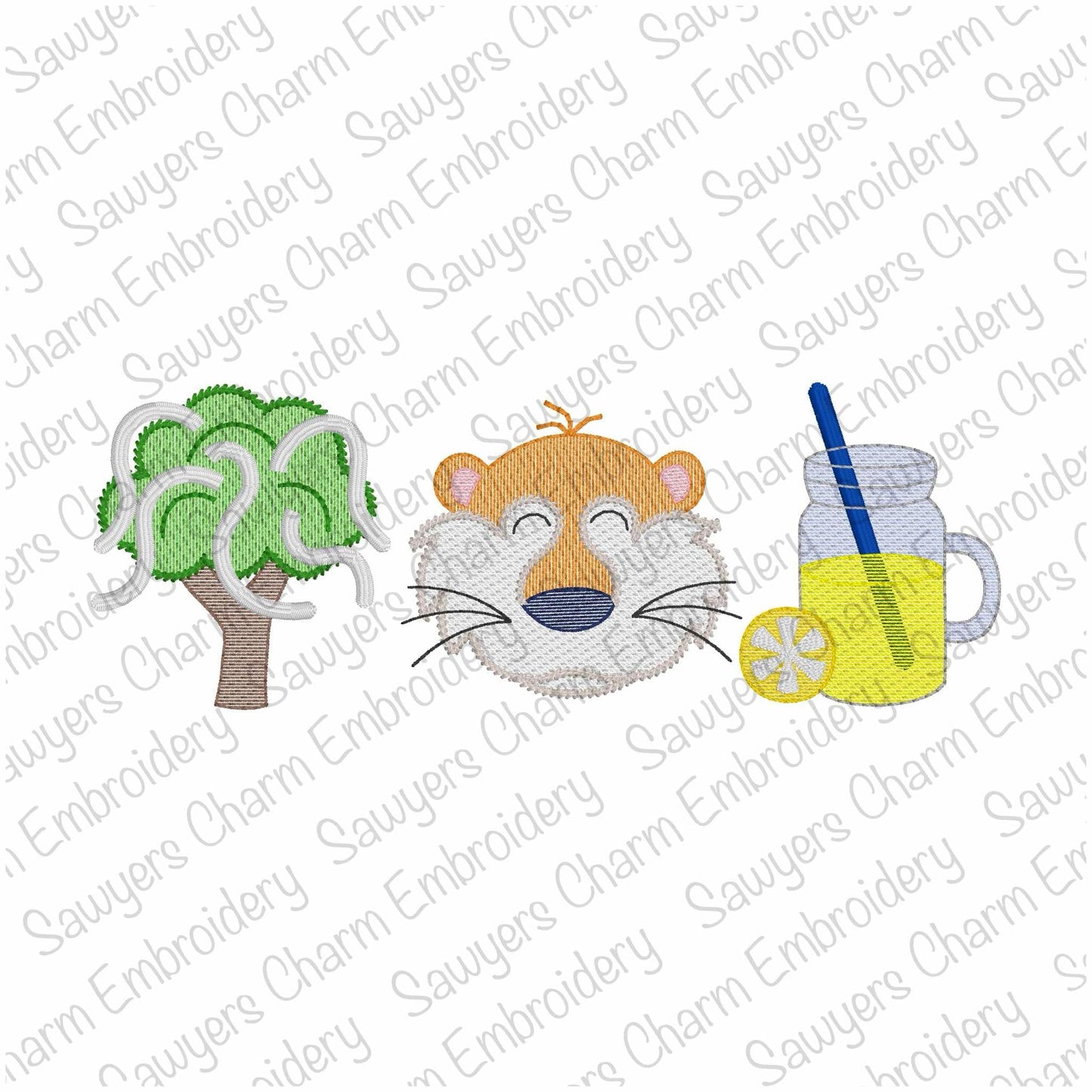 BUNDLE Tiger mascot, rolled tree, lemonade trio, with/without bow, sketch stitch machine embroidery design file, fall sports, quick stitch