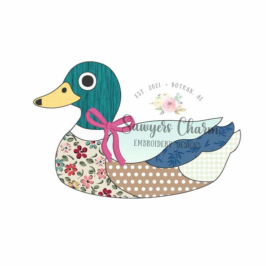 BUNDLE Patchwork mallard duck bean stitch machine applique embroidery design, with/without coquette bow, Vintage spring