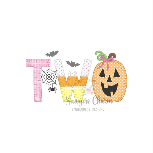 Halloween TWO jackolantern blanket stitch applique BUNDLE, embroidery design, second birthday, includes bow, fall pumpkin, bats, spiderweb