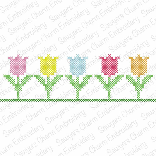 Row of tulips cross stitch machine embroidery design file, quick stitch, spring flowers
