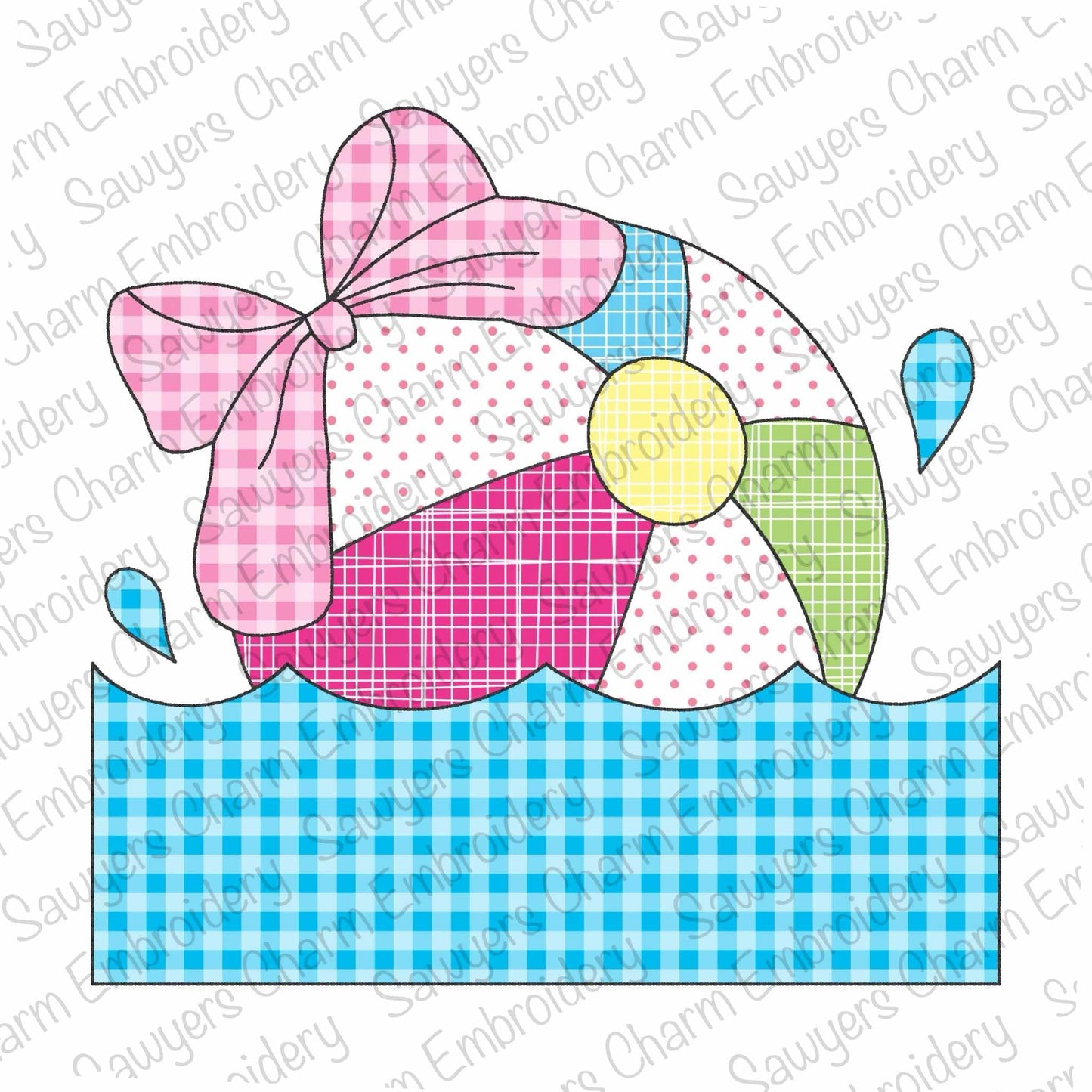 BUNDLE Beach ball with coquette bow and water/waves name plate bean & zigzag applique, machine embroidery design file, summer nautical beach