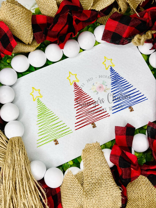 BUNDLE Christmas trees trio with bows & star bean stitch machine embroidery design file, quick stitch, happy holidays, merry christmas, boho