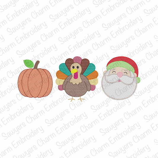 Pumpkin, Turkey, Santa Claus trio sketch stitch, machine embroidery design, Perfect for fall holidays...Christmas, fall, Thanksgiving