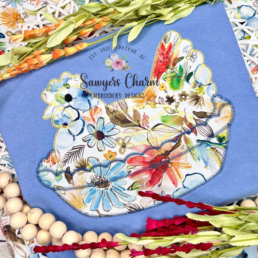 Hen on nest zig zag stitch machine applique embroidery design, Vintage spring chicken
