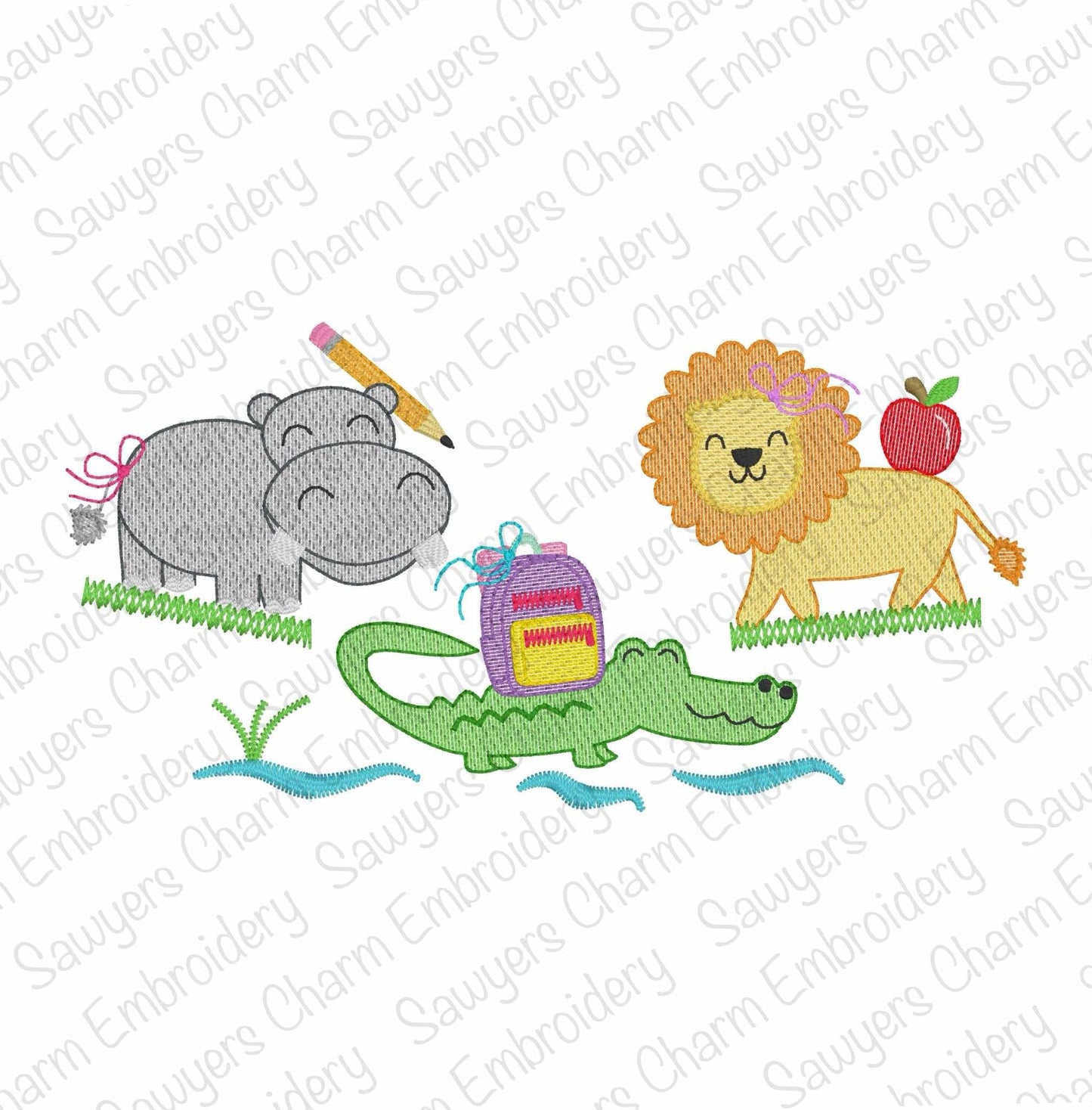 BUNDLE Back to school Zoo/jungle/safari animals with/without bows sketch stitch trio, machine embroidery design, hippo, alligator, lion