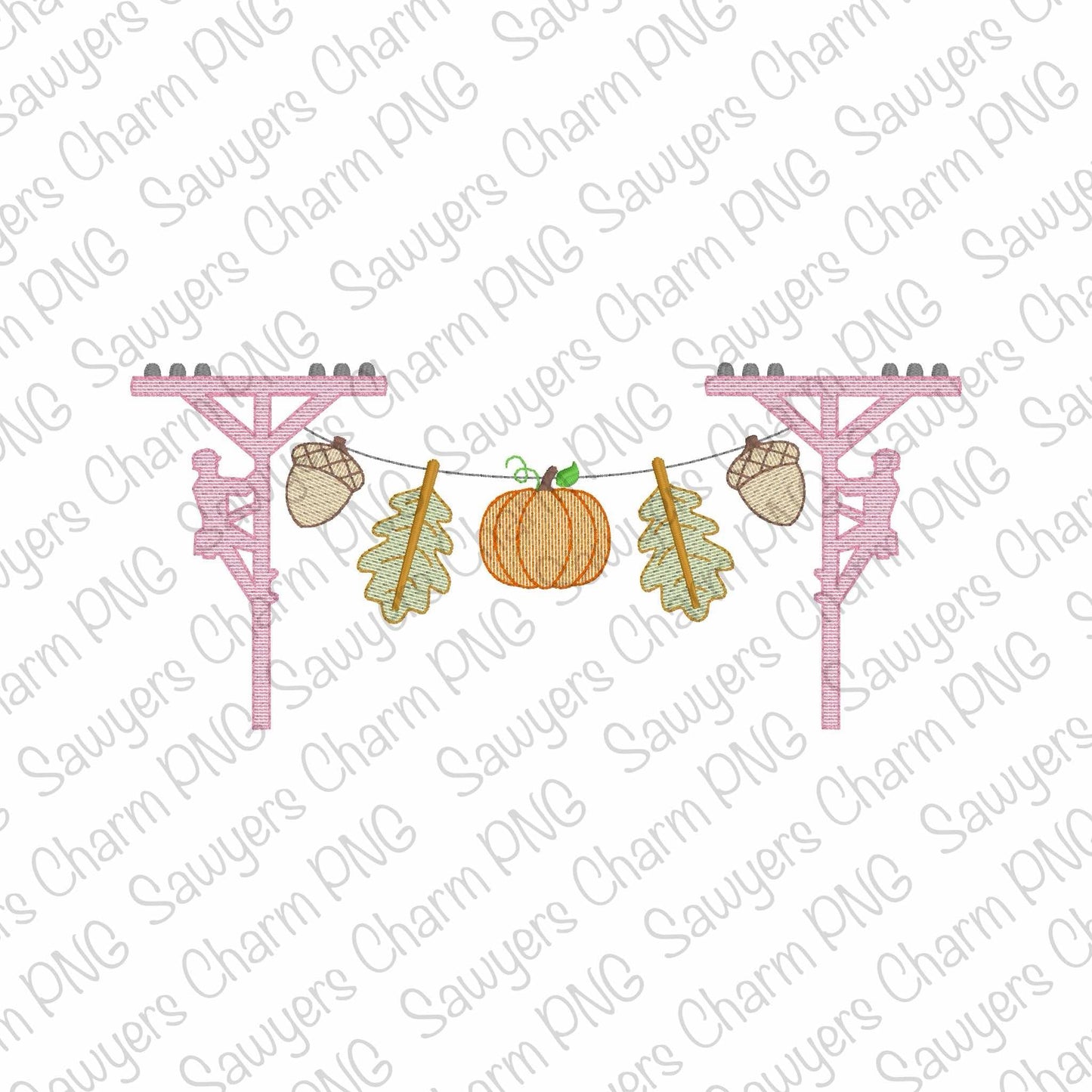 PNG faux embroidery Lineman fall bunting banner, Printable file/Sublimation/Heat Transfer Design/Digital Clipart, pink and blue, acorn, leaf