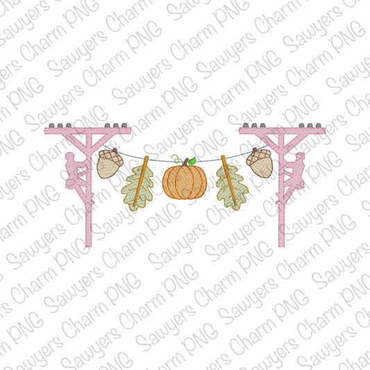 PNG faux embroidery Lineman fall bunting banner, Printable file/Sublimation/Heat Transfer Design/Digital Clipart, pink and blue, acorn, leaf