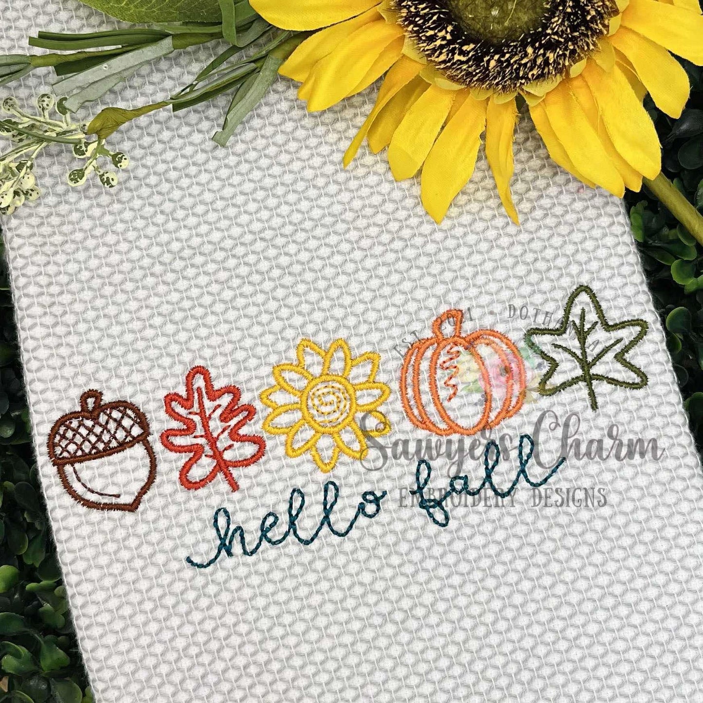 Trendy fall doodles satin stitch machine embroidery design file, coquette, hello fall, leaves, acorn, sunflower, pumpkin, larger sizes