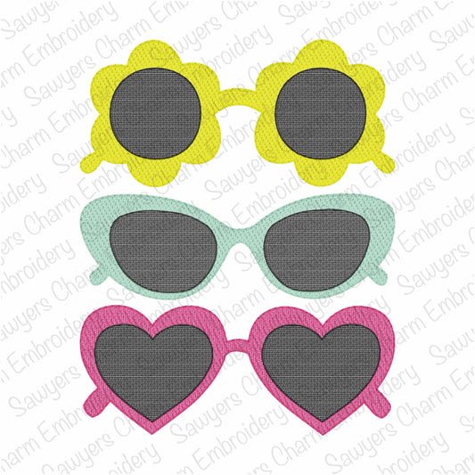 Sunglasses trio sketch stitch machine embroidery design, Retro summer sunnies/shades