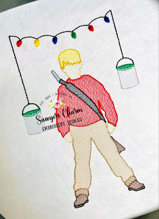 Kevin paint cans Christmas lights sketch stitch machine embroidery design file, bean stitch, happy holidays, quick stitch, home, BB gun
