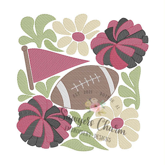 Retro floral football sketch stitch embroidery design, fall sports, cheer, coquette trendy pom poms