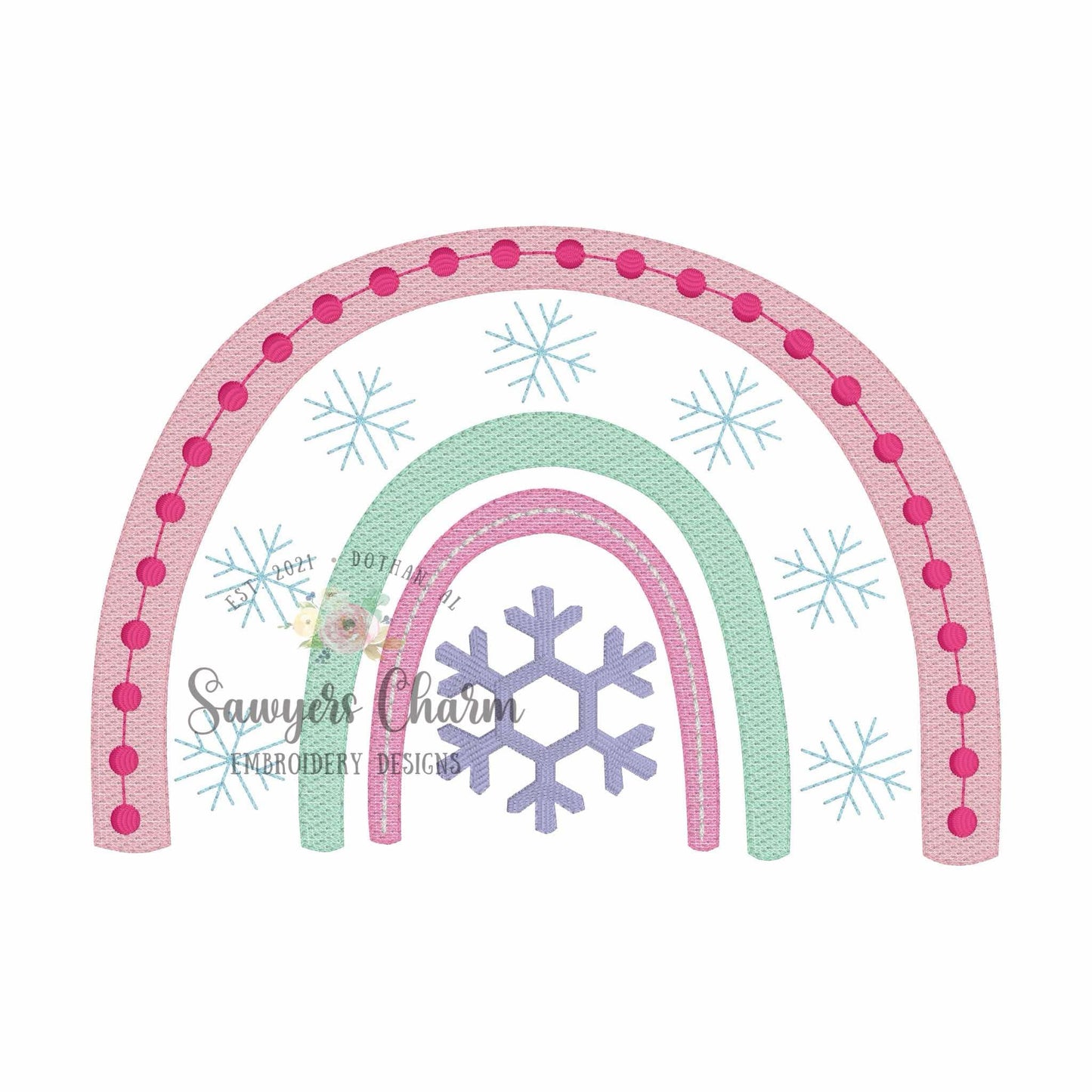 Snowflake rainbow sketch stitch machine embroidery design, bean stitch details, Christmas/winter wonderland, boho holidays