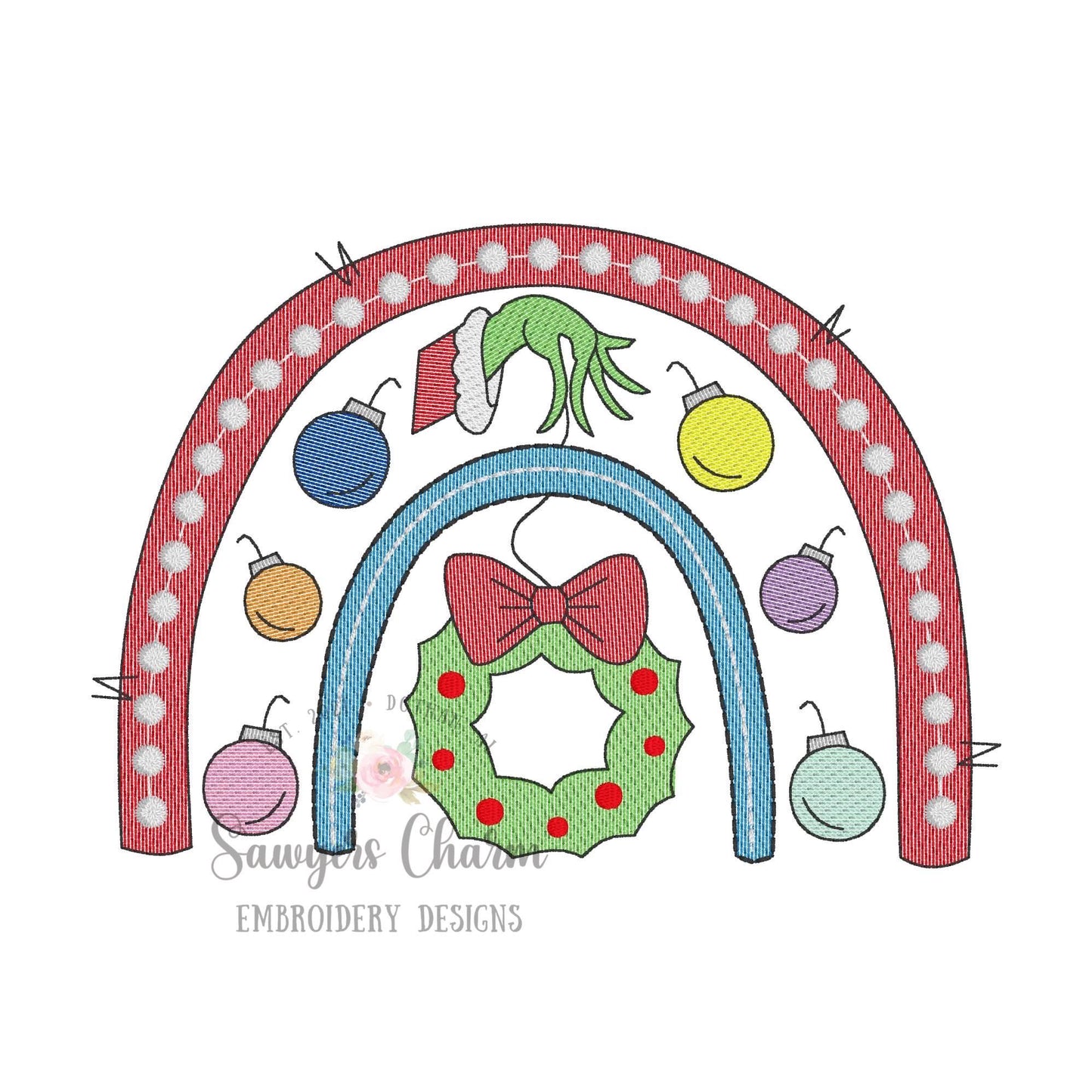 Grinch Christmas ornament with wreath rainbow sketch stitch machine embroidery design