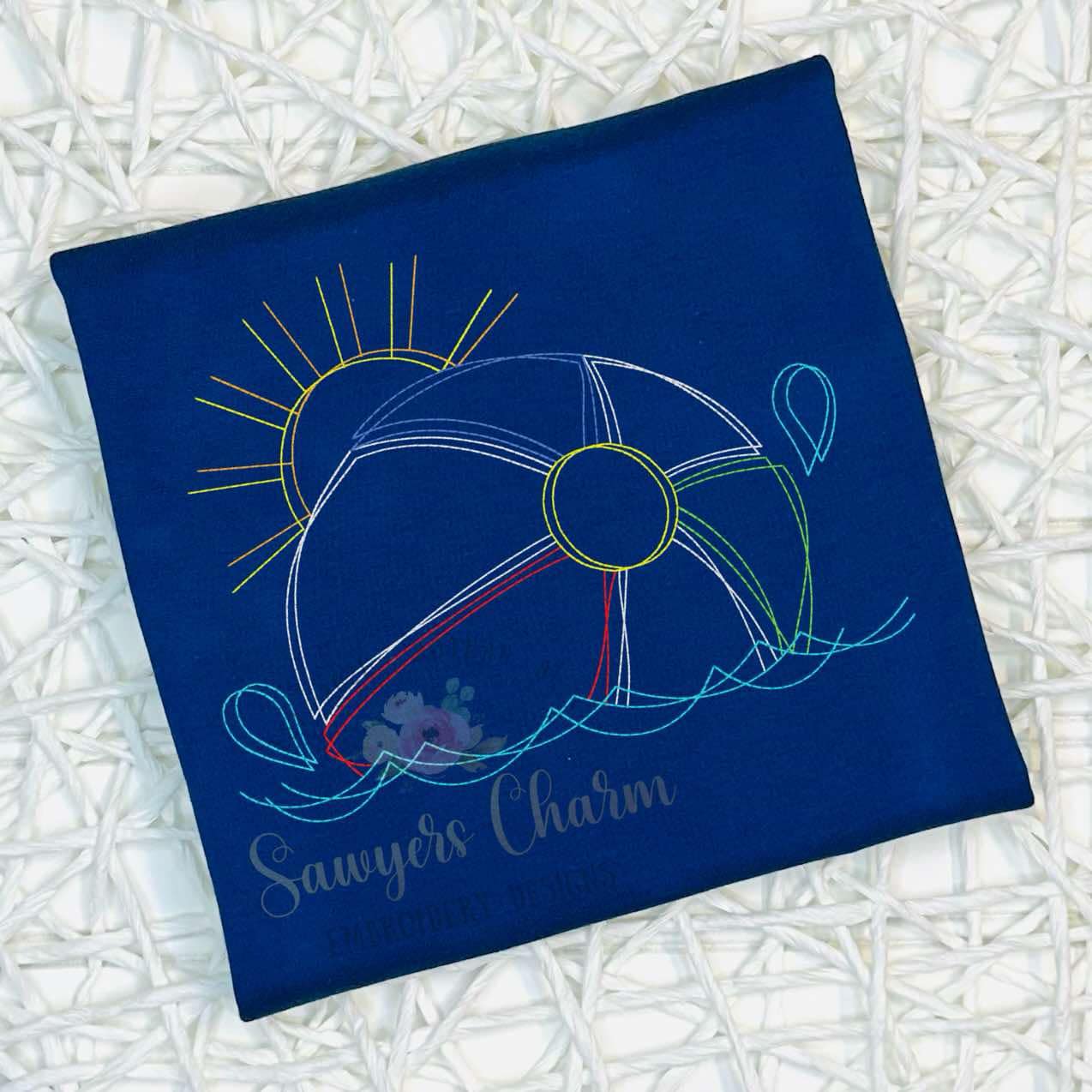 Beach ball with water/waves squiggly bean stitch machine embroidery design file, summer nautical beach, surfing, sand