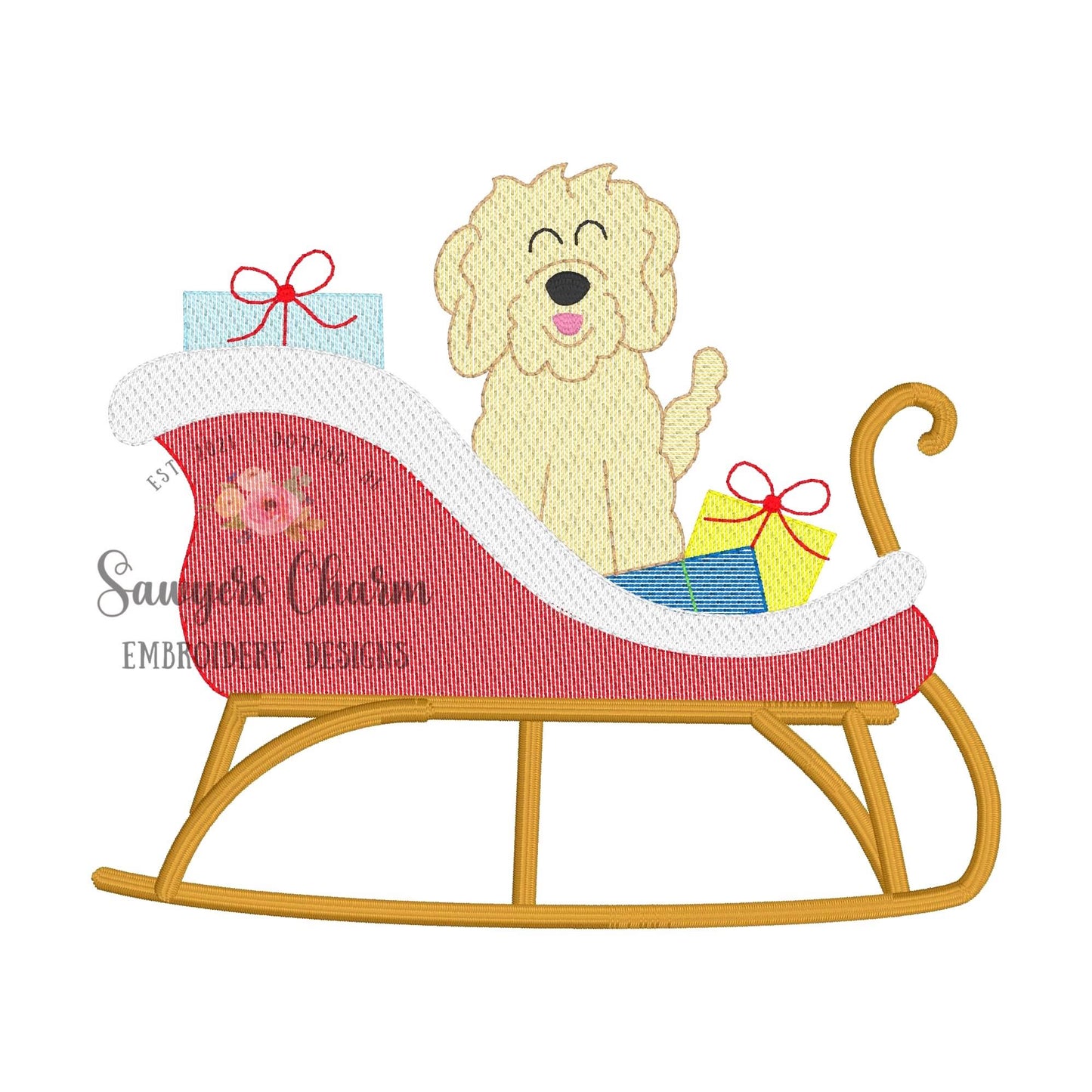 BUNDLE sleigh with (girl/boy) golden doodle & presents sketch stitch machine embroidery design file