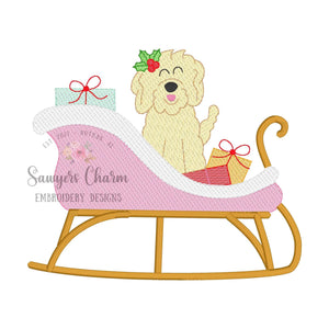 BUNDLE sleigh with (girl/boy) golden doodle & presents sketch stitch machine embroidery design file