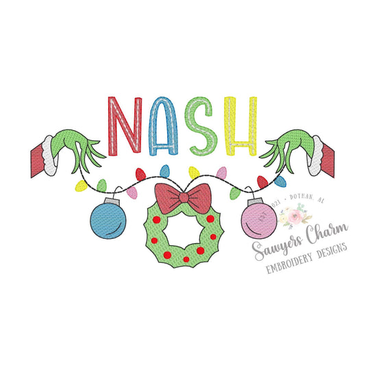 Grinch hand with lights, wreath, and ornaments bunting banner sketch stitch machine embroidery design