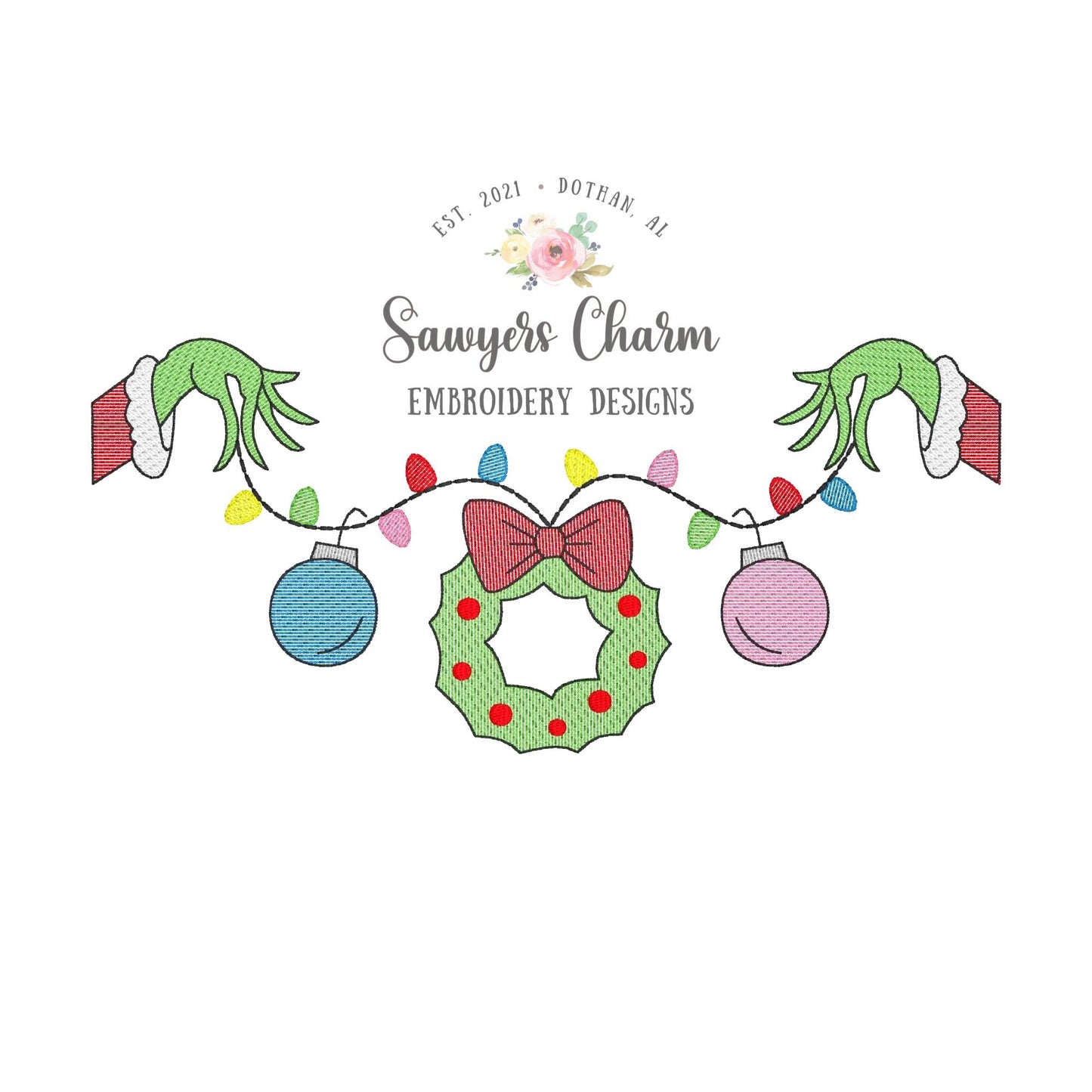 Grinch hand with lights, wreath, and ornaments bunting banner sketch stitch machine embroidery design