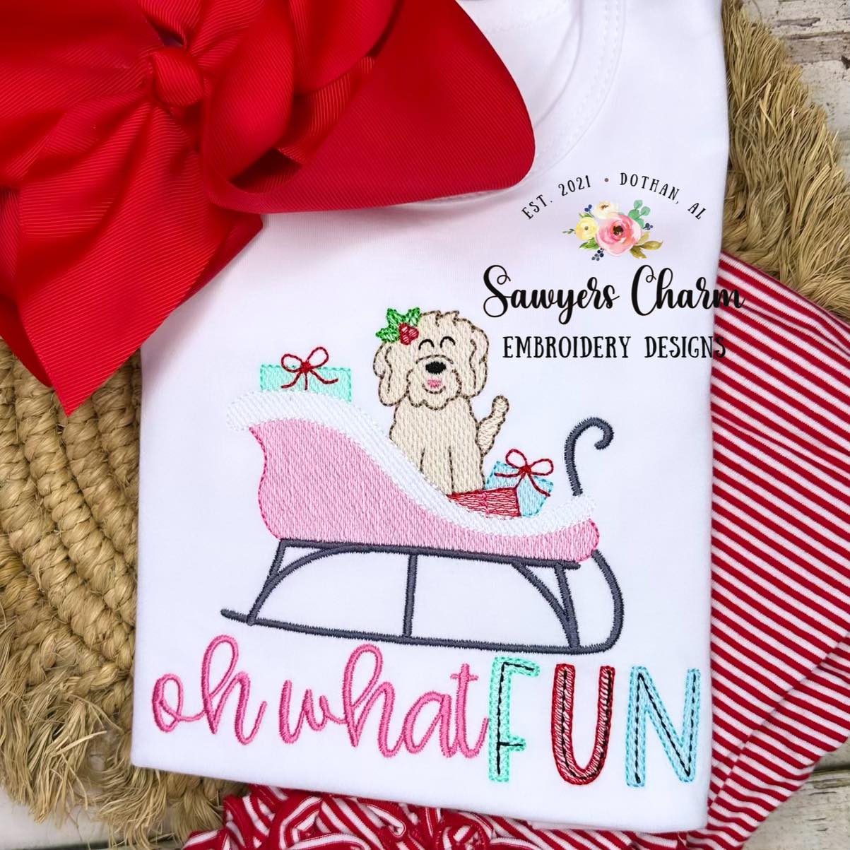 BUNDLE sleigh with (girl/boy) golden doodle & presents sketch stitch machine embroidery design file