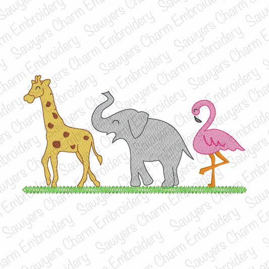 BUNDLE Zoo/jungle/safari animals with & without bows sketch stitch trio, machine embroidery design file, giraffe, elephant, flamingo