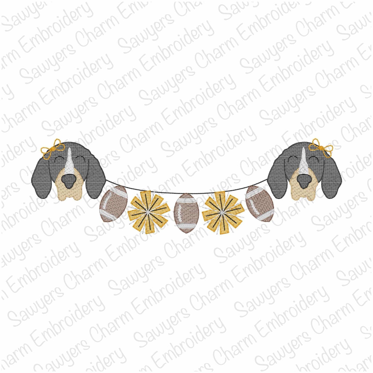 Hound dog mascot footballs pompom bunting banner, sketch stitch machine embroidery design, quick stitch, college sports, cheer, coquette bow