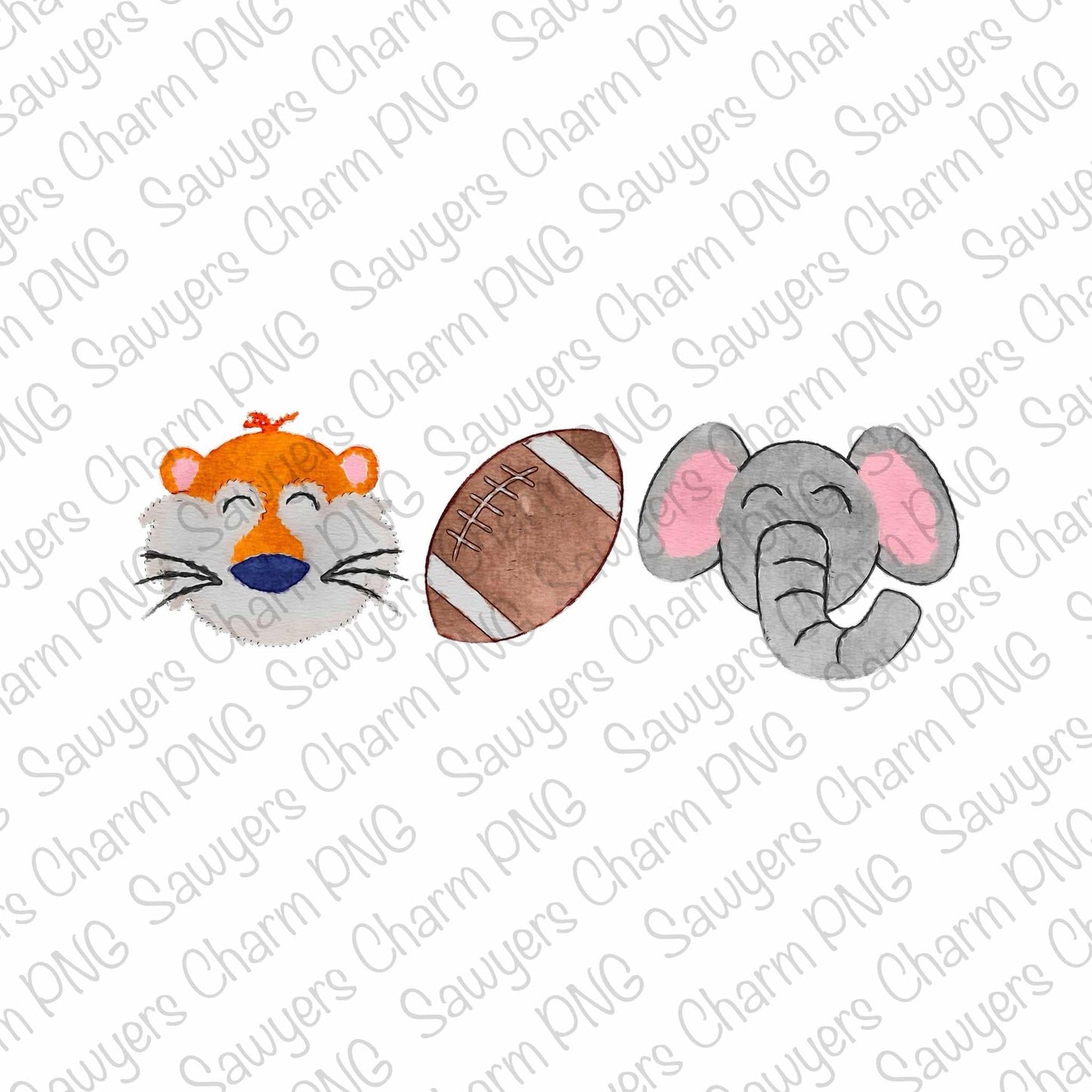 BUNDLE PNG watercolor Tiger, Elephant, football trio Printable file/Sublimation/Heat Transfer Design/Digital Clipart, includes coquette bow