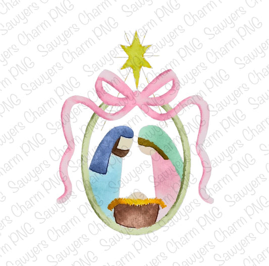 PNG watercolor Nativity frame & coquette bow, Printable file/Sublimation/Heat Transfer Design/Digital Clipart, Christmas Baby Jesus, star