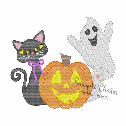 BUNDLE Cat, jackolantern, ghost sketch stitch trio machine embroidery design, Halloween, spooky season, quick stitch, fall, includes bow