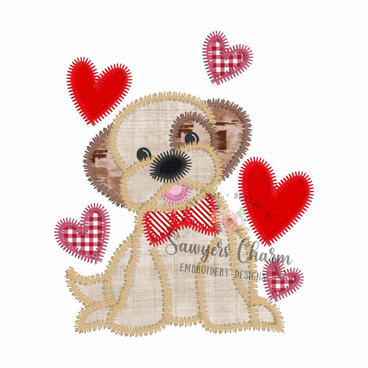 Puppy dog with bow tie & hearts zig zag stitch machine applique embroidery design
