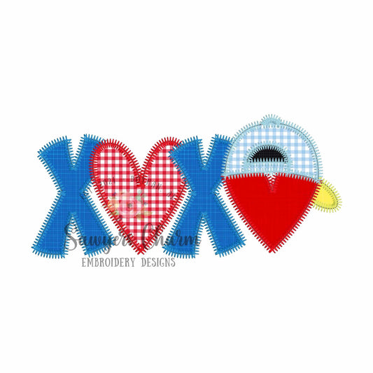 BUNDLE XOXO heart with ballcap/hat trio bean & zig zag stitch applique, machine embroidery design, Valentine's Day love