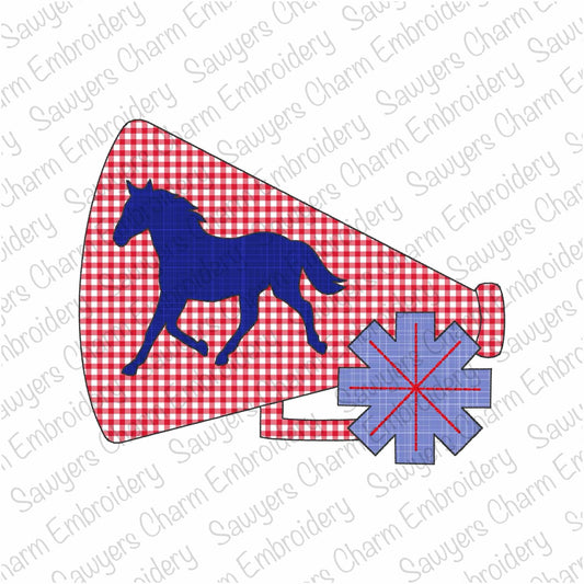 Megaphone & pompom horse mascot silhouette, bean stitch applique, machine embroidery design, college, high school sports, university, cheer