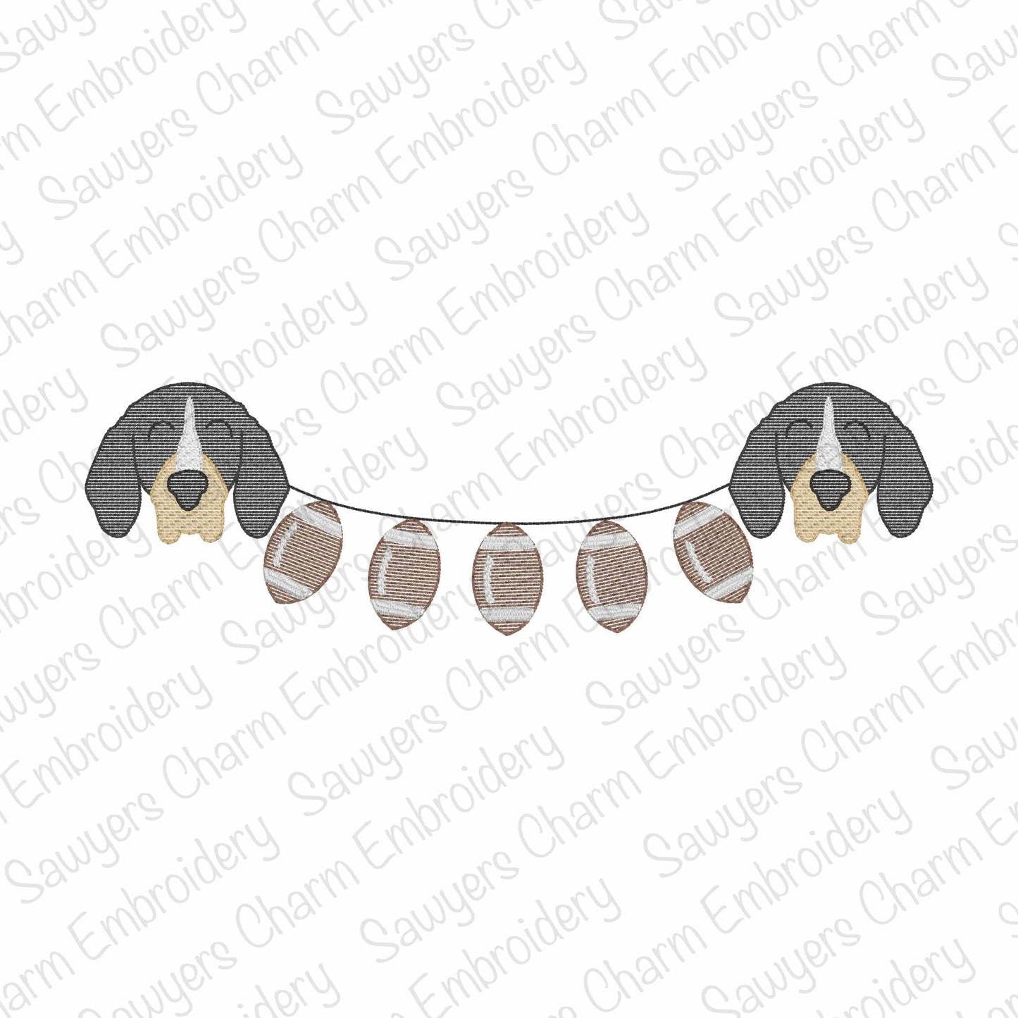 Hound dog mascot footballs bunting banner, sketch stitch machine embroidery design, quick stitch, college university sports