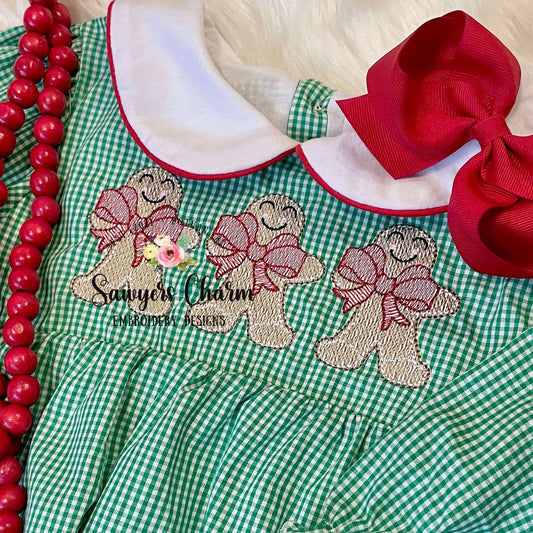 Gingerbread cookies with bow trio sketch stitch machine embroidery design file, Merry Christmas, happy holidays, baking cooking, coquette