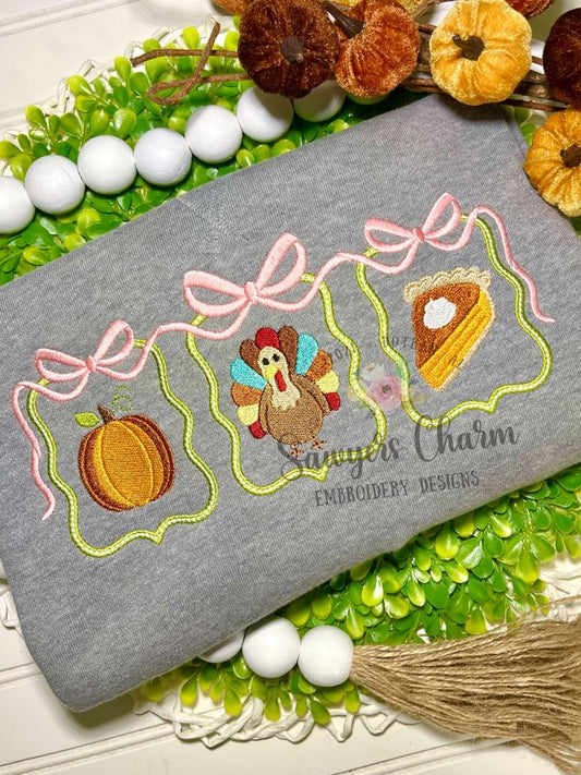 Coquette Bows Thanksgiving frames trio satin stitch machine embroidery design, pumpkin, turkey, pie mini fill, gobble, happy holidays