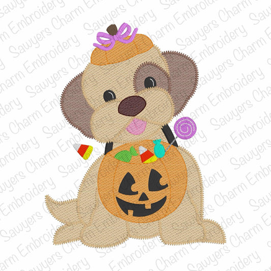 BUNDLE Halloween dog with jackolantern candy bucket sketch stitch machine embroidery design, trick or treating, with/without coquette bow