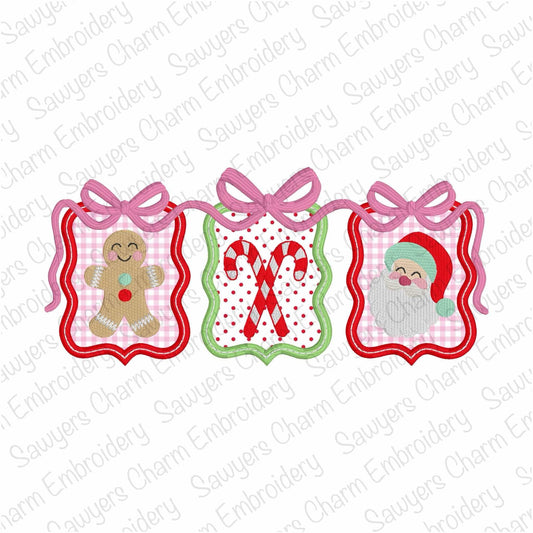 Coquette Bows Christmas frames APPLIQUE trio satin & fill stitch machine embroidery design, Gingerbread, candy canes, Santa Claus mini fill