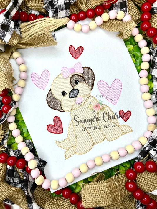 Puppy dog with coquette bow & hearts sketch stitch machine embroidery design