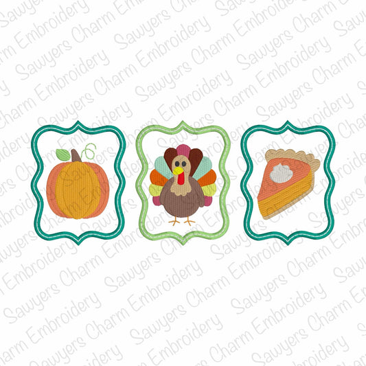 Thanksgiving frames trio satin stitch machine embroidery design, pumpkin, turkey, pumpkin pie mini fill, gobble, happy holidays, fall